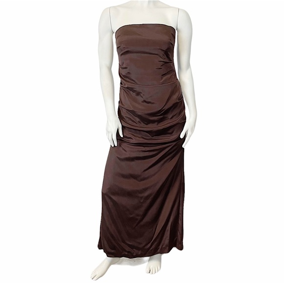 VINTAGE Y2K Ruched Brown Stretch Silk Strapless Column Gown Nicole Miller - Picture 1 of 10